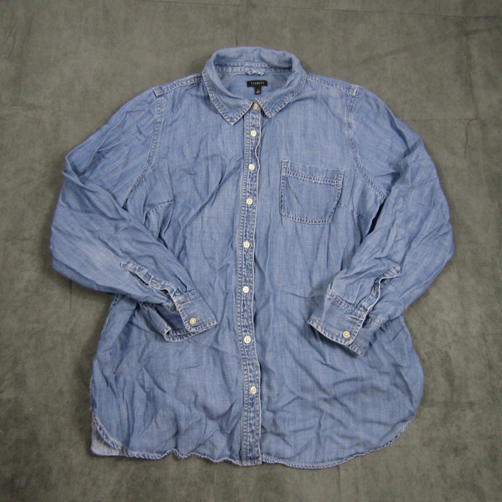 Talbots Button Down Shirt Women Large Blue Lyocell Tencel Long Sleeve Chambray